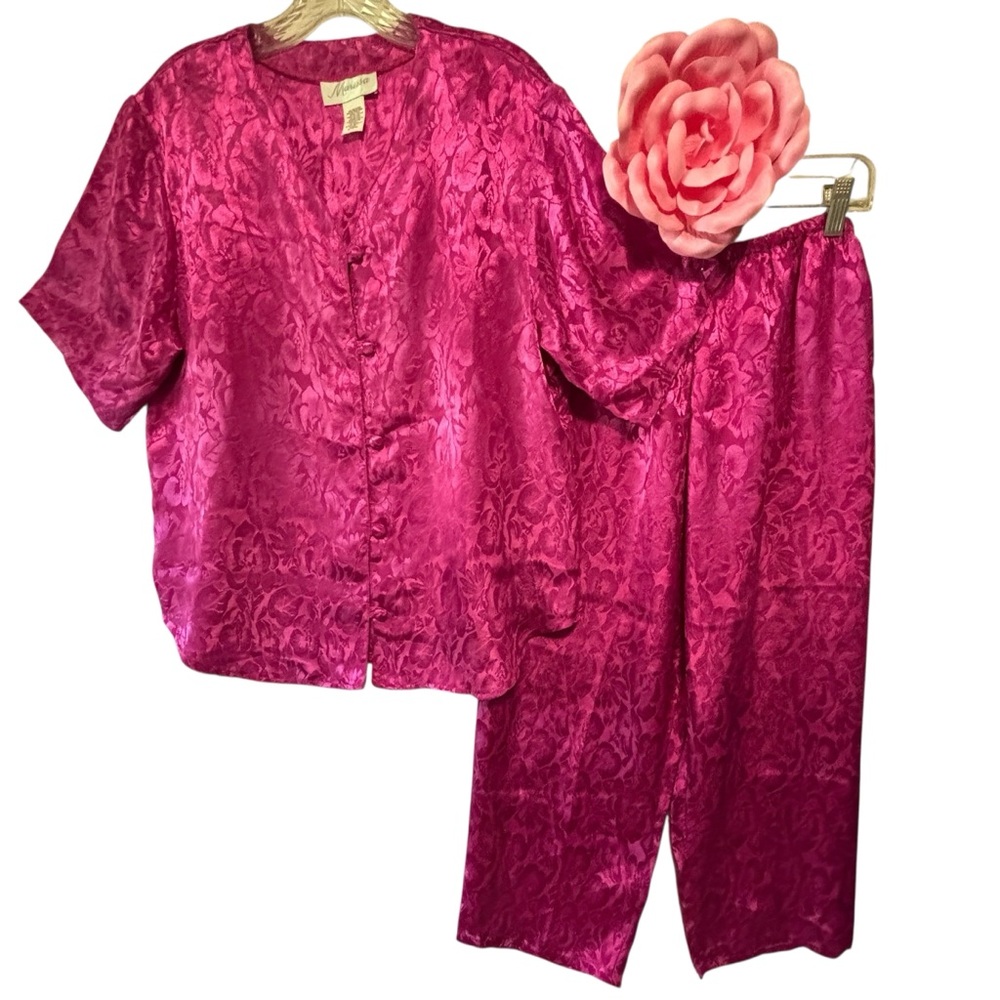 VTG Marissa Silky Jacquard Floral Print HOT PINK Fuchsia short sleeve pajamas